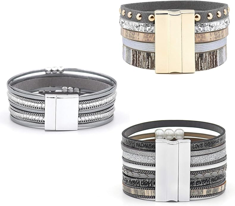 Wowanoo 3Pack Leather Cuff Bracelet Set Multilayer Wrap Bracelet Crystal Feather Tree Bracelet Magnetic Clasp Bracelet for Women