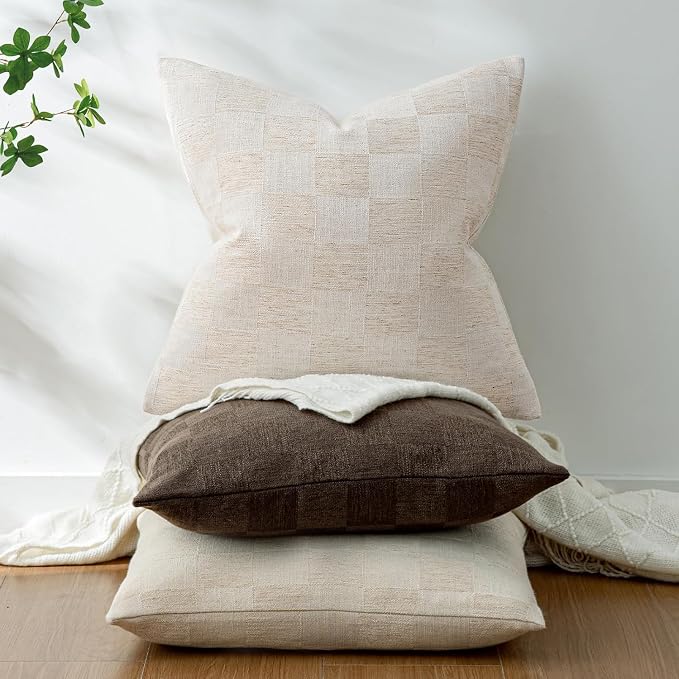 a moment Set of 2 Decorative Linen Throw Pillow Covers,Large Grid Textured Neutral Boho Farmhouse Cushion Covers,Soft Aesthetic Pillowcases for Couch Sofa Living Room Home Decor,24x24 Inch,Beige