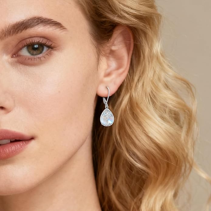Eusense Sterling Silver Dangle Earrings for Women Tree of Life Animals Moonstone Turquoise Leverback Earrings Jewelry Gifts
