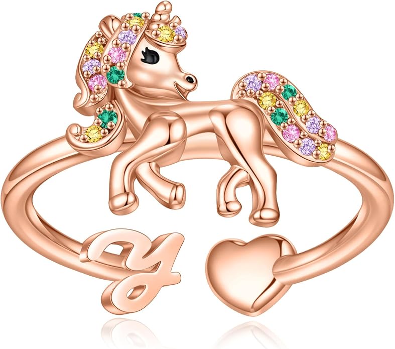 Unicorn Initial Rings for Teen Girls, Rose Gold/White Gold Plated Heart Initial Rings for Girls Adjustable Stackable Rings for Women Diny Heart Ring for Teen Girls Gifts Unicorns Gifts for Girls