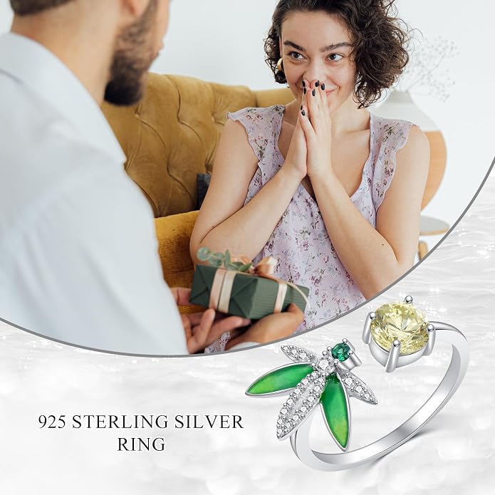 925 Sterling Silver Drangonfly/Butterfly Open Finger Rings Adjustable Dainty Gemstone Sapphire Emerald Green Ring for Women Round/Pear/Princess Engagement Promise Ring