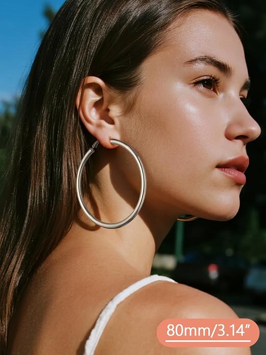 FaithHeart Chunky Hoop Earrings for Women, Silver/Black/14K Gold Plated Stainless Steel Earrings 5mm Thick Hollow Tube Hoops Hypoallergenic Lightweight Earring 20/30/40/50/60/70/80mm
