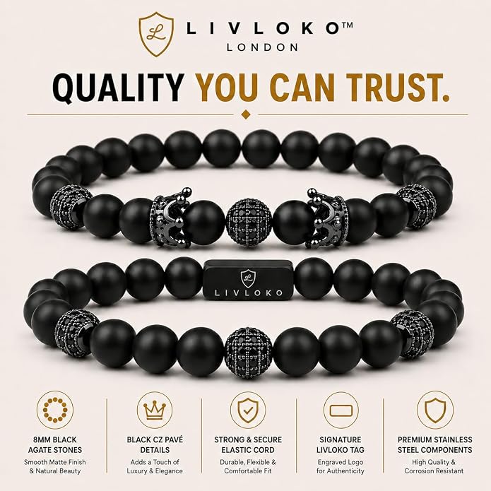 LONDON Mens Bracelet Leather Black Multi-Layer Stone Beads Adjustable Steel Clasp Viking Rope Bands Surfer Man Wristband Male UK Jewellery Gift box Boyfriend Dad Son Brother Tiger Eye