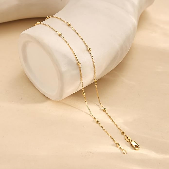 Carffordo 925 Sterling Silver Chain Necklace 16K Gold Plated Beaded Chain Necklace for Women Simple Dainty Choker Necklace Satellite Waterproof Link Necklace Trendy Jewelry Gifts