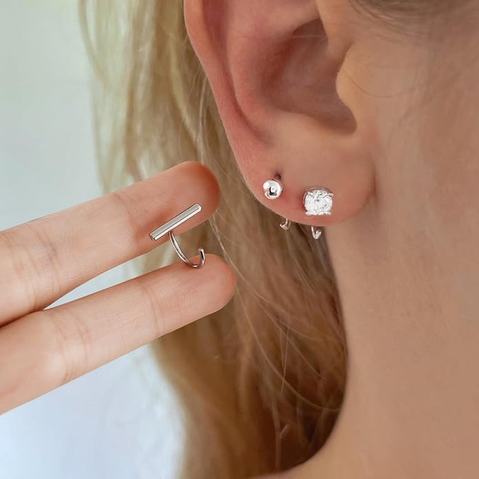 CHIC & ARTSY 925 Sterling Silver Half Hoop Earrings for Women, Small Huggie Hoops Set with Ball Bar Star Moon Cross & Pearl, Lightweight Comfort Fit Everyday & Sleep Earrings