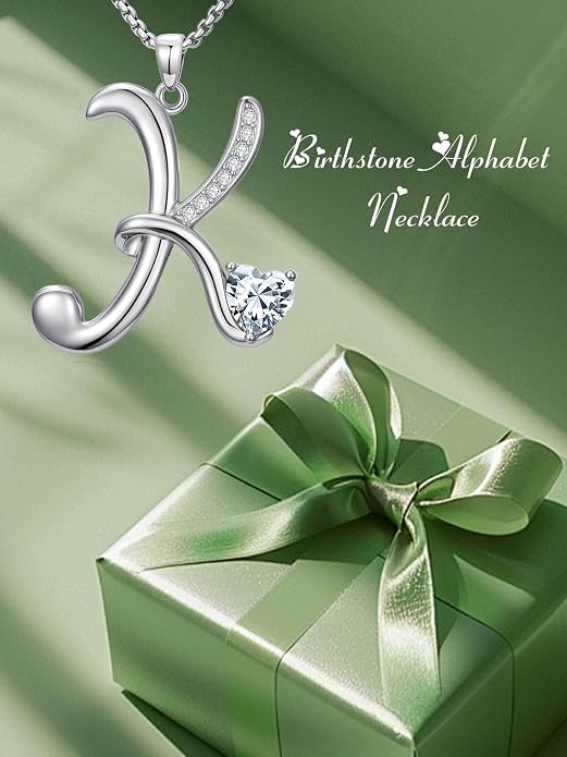 Birthday Gifts for Women Alphabet A to Z Initial Birthstone Pendant Necklaces for Women - 18k White Gold Plated Personalized Name Jewelry Anniversary Graduation Gifts for Wife Her Daughter Girlfriend(with Gift Box)
