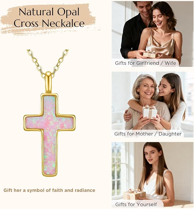 NORBU S925 Opal Cross Necklace for Women, Sterling Silver Opal Gemstone Womens Cross Necklaces, Cross Pendant with 5A Cubic Zirconia, Women's October Birthstone Jewelry Gifts for Birthday, Anniversary, Christmas