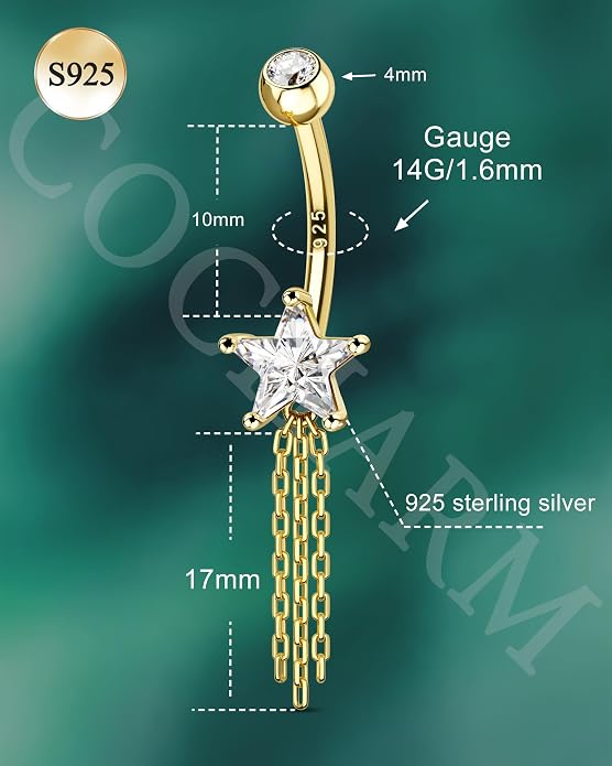 COCHARM 14K Gold Plated Belly Button Rings 925 Sterling Silver Belly Navel Rings for Women Star Navel Piercing Jewelry