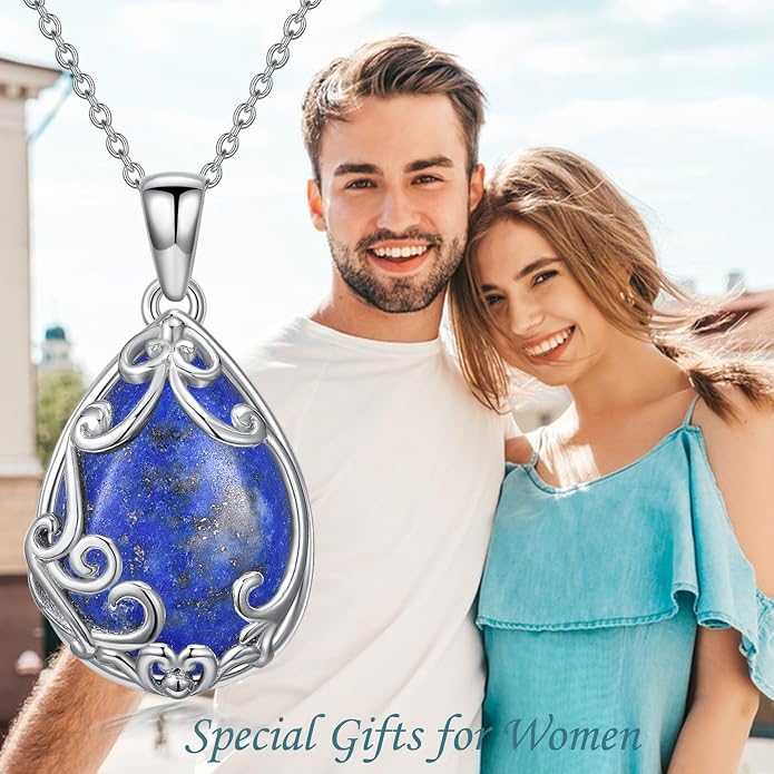 HPQQ Teardrop Necklace 925 Sterling Silver Filigree Gemstone Pendant Necklace Fine Jewelry Birthday Mother's Day Gifts for Women Her Mom