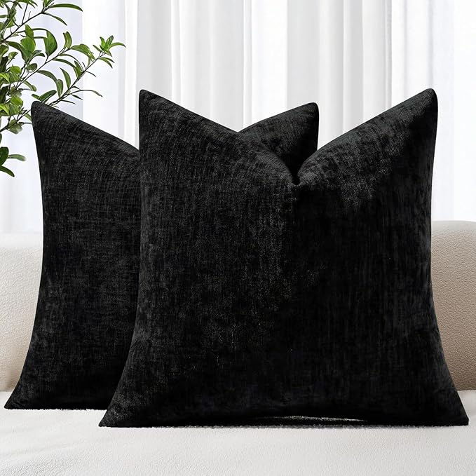 decorUhome Soft Chenille Black Throw Pillow Covers 18X18 Set of 2 | Decorative Fall Couch Pillow Covers Solid Dyed Accent Modern Farmhouse Neutral Square Pillow Cases for Sofa