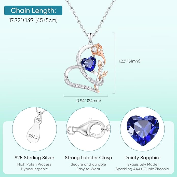 Rose Heart Birthstone Necklace for Women - Dainty 925 Sterling Silver Necklaces for Women Trendy CZ Pendant Necklace Jewelry Birthday Anniversary Christmas Gifts for Girlfriend Mom Lady Daughter