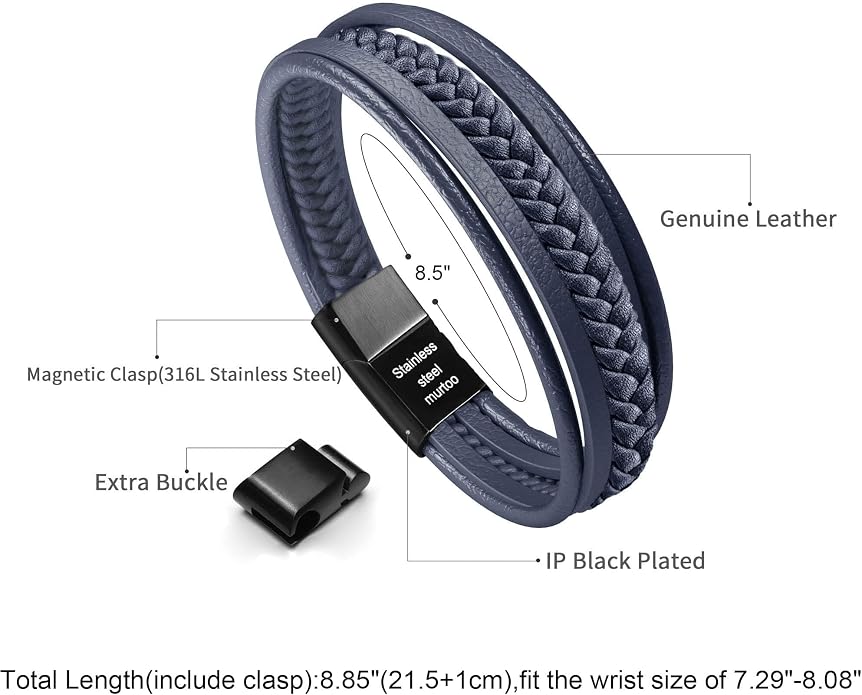 murtoo Mens Leather Bracelet with Clasp Cowhide Multi-Layer Braided Leather Mens Bracelet