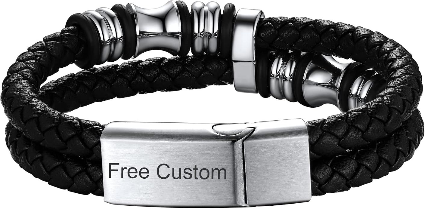ChainsHouse Mens Wrap Braided Leather Black Bead Bracelets Bangles, Vintage Star of David/Wing Skull/Templar Cross Genuine Leather Bracelet, Customize Available, Size 7.5/8.3/9.0 Inch, Send Gift Box