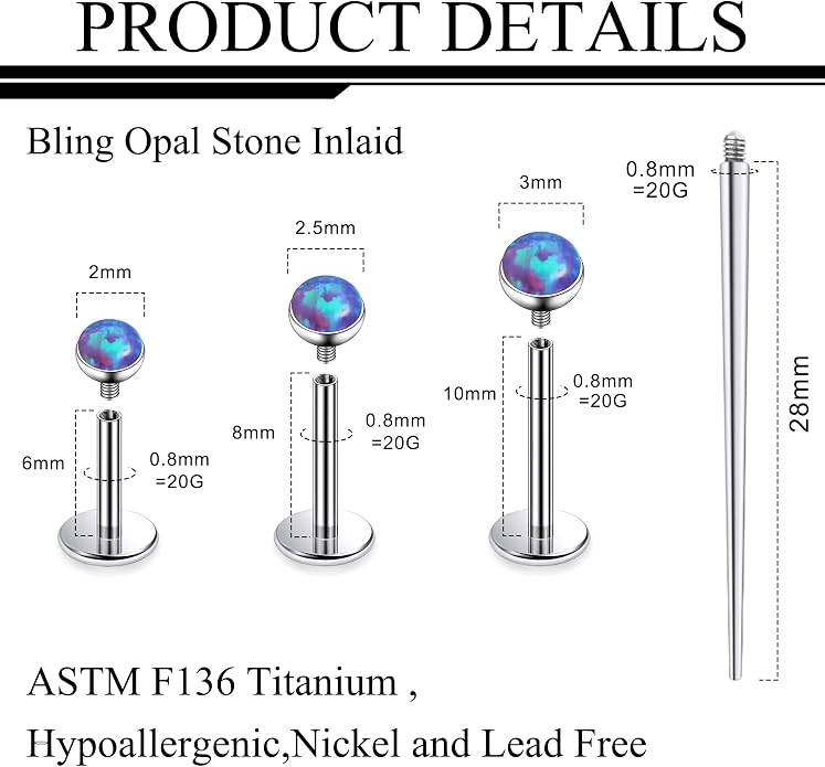 Ruifan Titanium Flat Back Lip Rings Externally Threaded Earrings Studs Nose Rings 20G 18G 16G Jeweled Round Opal Tragus Cartilage Lobe Rook Helix Conch Labret Medusa Piercing Jewelry for Women Men