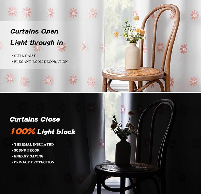 MYSKY HOME Blackout Curtains for Living Room 95 Inch Long Total Light Blocking Pink Floral Curtain for Sliding Door 2 Panels Grommet Girls Bedroom Drapes with Daisy Flower Sheer 52 x 95 in