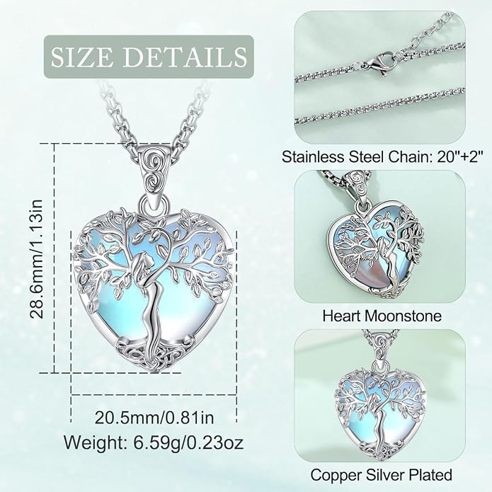 EUDORA Tree of Life Necklace with Moonstone Amethyst Obsidian Turquoise Healing Crystal for Women, Silver Plated Copper Mother Tree of Life Pendant Amulet Energy Jewelry, Gift for Women Mom, 20"+2"