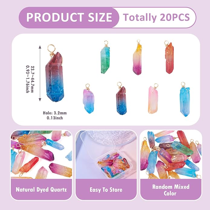 20Pcs Natural Dyed Quartz Stone Pendants with Copper Wire Assorted Irregular Stones Crystal Healing Gemstone Charms for Jewelry Making Necklace Earring DIY Craft