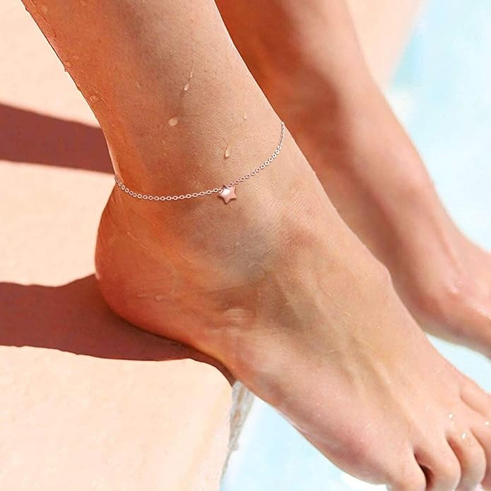 ChicSilver Personalized 925 Sterling Silver Tiny Heart/Moon/Star/Sun/Dot/Triangle Anklets Simple Dainty Foot Jewelry for Women, Silver/Gold Plated/Rose Gold Plated
