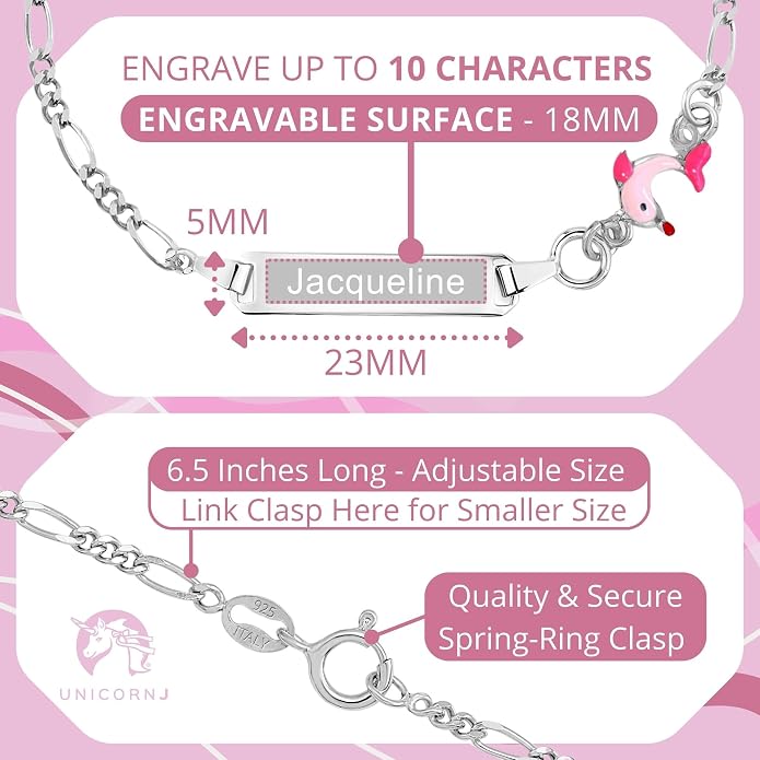 UNICORNJ 925 Italy Sterling Silver Child or Baby Name Bracelet Girls Boys, Personalized Engraved Kids ID Bracelets, 6.5" Figaro Chain, Enamel Charm Newborn Infant Toddler Kid Jewelry