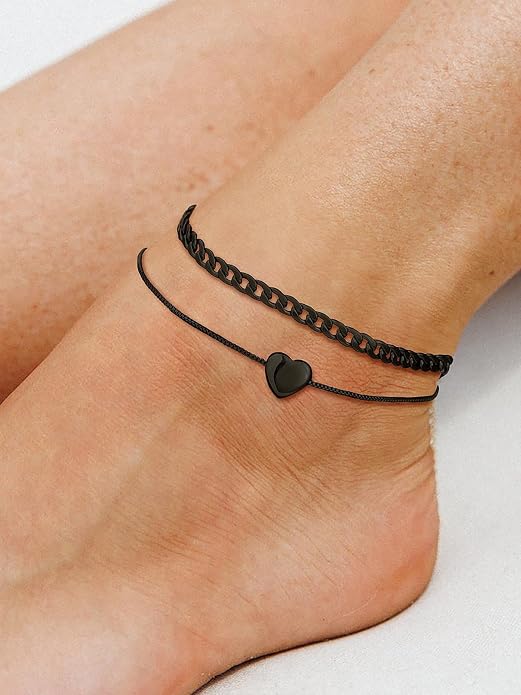 U7 2Pcs/3Pcs Ankle Bracelets for Women, Stainless Steel Cuban Link/Figaro/Rope/Heart Chain Anklets Sets,Waterproof Layered Anklets Adjustable 8.5"-10.5"