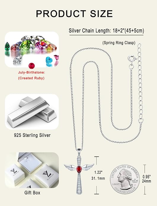 YL Cross Necklace 925 Sterling Silver Angel Wings Pendant Teardrop Birthstone Criss Jewelry for Women