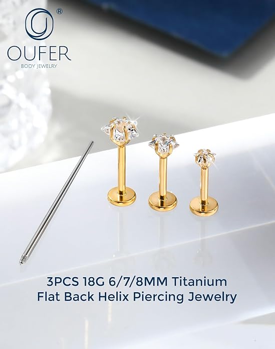 OUFER 18G 6/7/8MM Flat Back Cartilage EarRings-3PCS Gold Titanium Extended Internally Threaded Lip Piercing 2/3/4MM Round Clear CZ Helix Piercing Jewelry