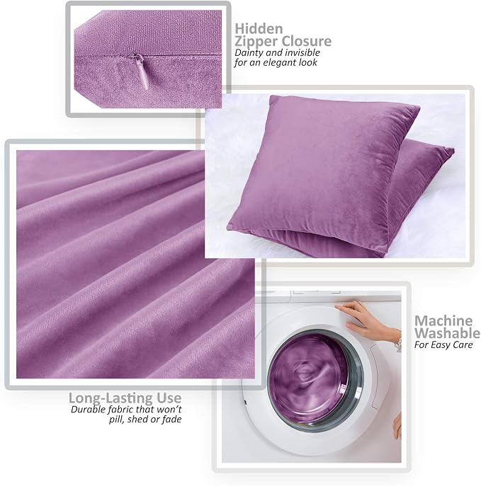 Nestl Throw Pillow Covers, Cozy Velvet Decorative Outdoor Pillow Covers 16 x 16 Inches, Soft Solid Cushion Covers for Sofa, Bed and Car, Set of 2 - Lavender Dream