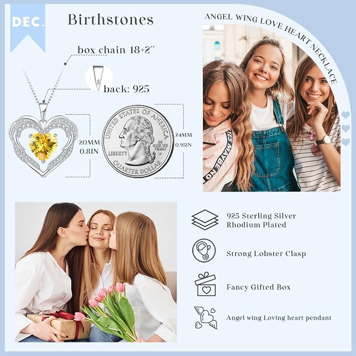 Heart Necklaces for Women Mother's day Gifts, Birthstone 925 Sterling Silver Angel Wings Love Pendant Necklaces for Women, Jewelry Gifts for Wife, Anniversary, Birthday