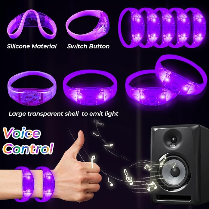 24 Pack Light UP Bracelets Sound Activated Flashing Wristbands Music Control Glow in the Dark Bracelets for Rave Game Prizes Carnival Concerts Night Events Mardi Gras Party Favors