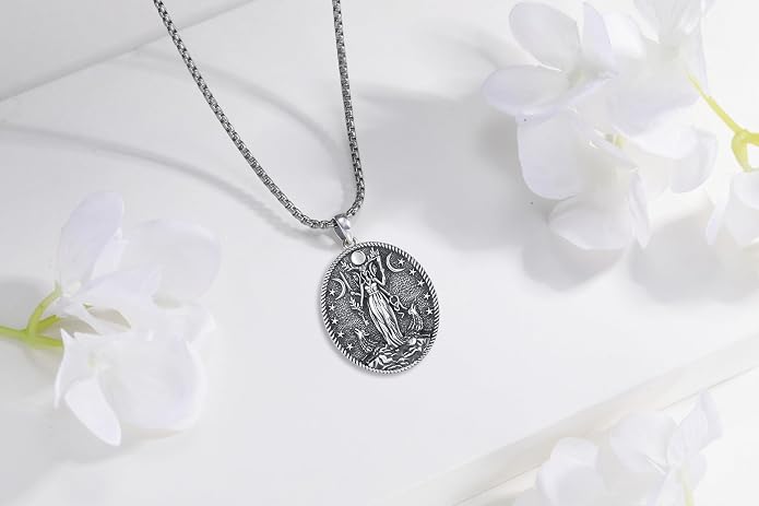 Hecate Wiccan Triple Moon Goddess Necklace Tetragrammaton Nudo De Bruja Plata 925 Original Sterling Silver Cat Moon Pendant Hekate Witch Necklace Amulet Witchy Jewelry Gifts for Women Men