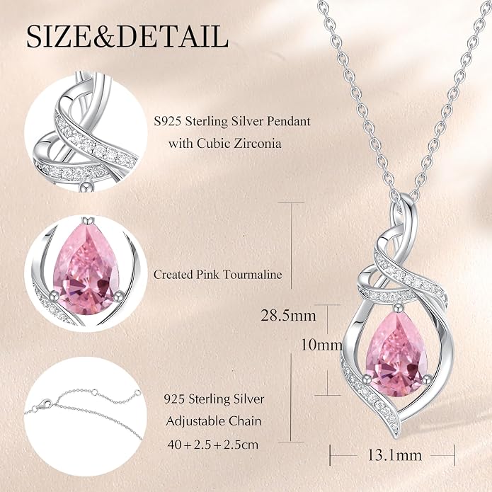 FANCIME Teardrop Birthstone Necklace for Women S925 Sterling Silver Elegant Ribbon Pendent Necklace Birthday Jewelry Gifts for Mom Wife Her, 16"+2" Inches