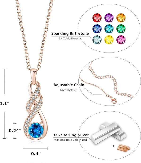 Birthstone Necklaces for Women 925 Sterling Silver Infinity Pendant Created Gemstone Jewelry for Her, 16"+2"