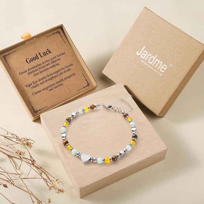 Jardme Natural Healing Crystals Bracelets for Women, Anxiety Relief Triple Protection Good Luck, Kalm Bracelet, Inspirational Spiritual Jewelry Gift for Friends Daughter Mom 6.5+2 Inches