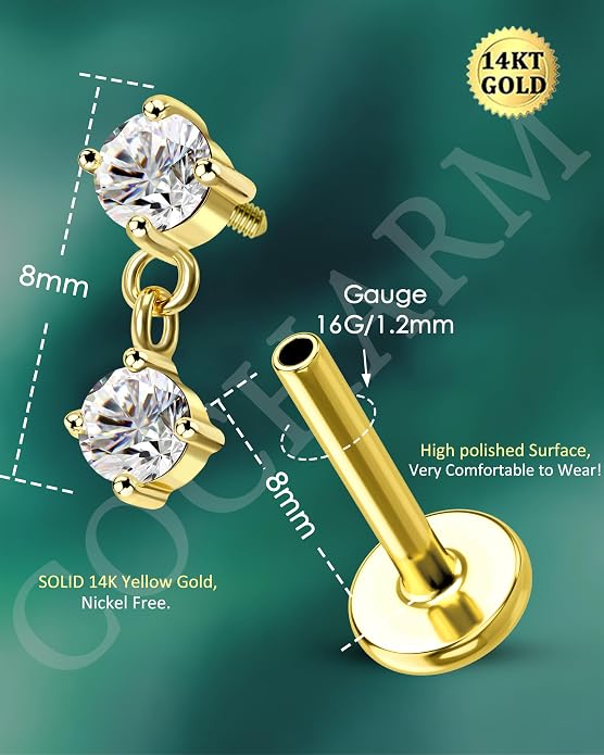COCHARM 14K Gold Helix Cartilage Tragus Earring Stud Flat Back16g Real Gold Conch Helix Tragus Piercing Jewelry Dangle 14Kt Lip Labret Stud Internally Threaded
