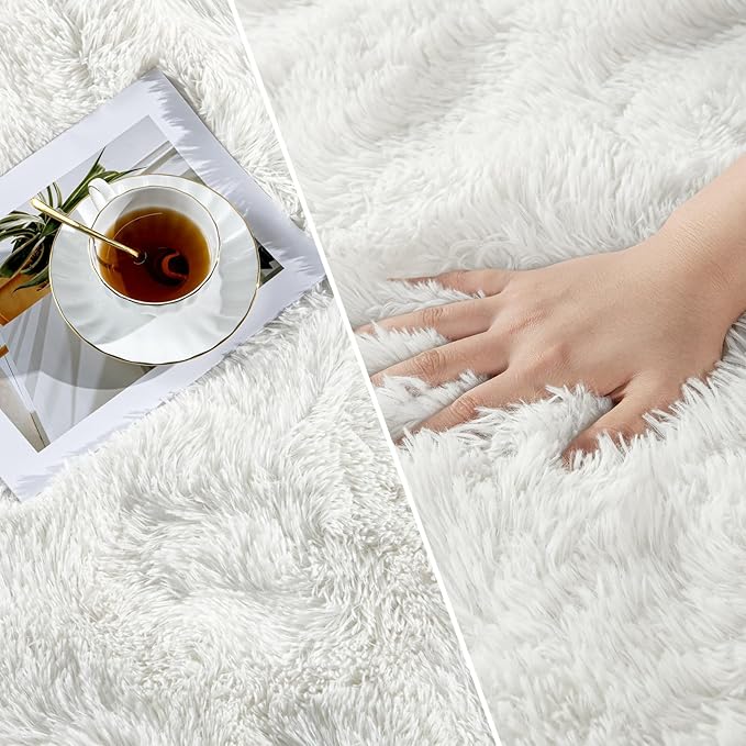 Deerhoo Large Shag Area Rugs 9 x 12, Plush Fuzzy Rugs for Living Room, Ultra Soft Fluffy Furry Rug for Bedroom, Indoor Carpet Nursery Rugs for Kids Room Home Decor, Cream White