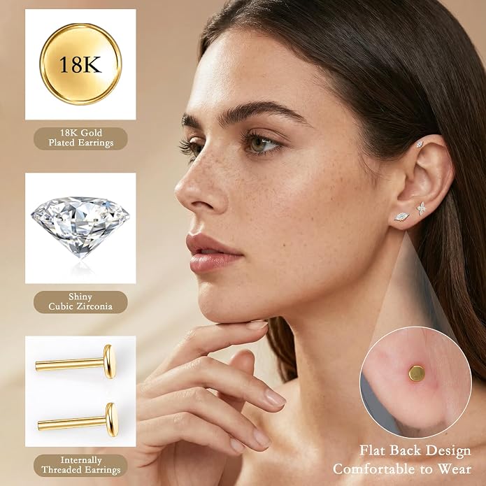 limerencia Titanium Internally Threaded Flat Back Earrings, 3 Pcs Implant Grade Hypoallergenic Studs, 18G Tragus Helix Conch Cartilage Piercing Jewelry for Sensitive Ears Women Men, Gold/Silver