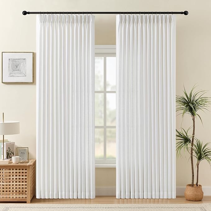 Extra Wide Pinch Pleat Thick Linen Curtains 90 Inches Long for Living Room, Snow White Sheer Curtain Viral Light Filtering Farmhouse Window Drape Privacy with Hooks Rings, 70"W x90"L, 1 Panel