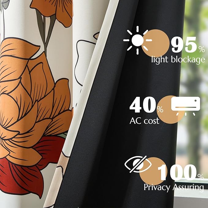 jinchan Beige Boho Floral Blackout Curtains 102 Inch Grommet 2 Panels | Room darkening, Vintage, living room, bedroom, privacy, floral print, flower pattern, fall decor, window treatments
