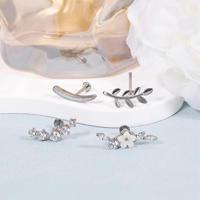 NICEIGHT 4Pcs 16G G23 Titanium Cartilage Earrings for Women Titanium Threadless Push in Cartilage Earring Stud for Sensitive Ear Flower Opal CZ Conch Earrings Flat Back Conch Piercing 6/8/10MM Bar