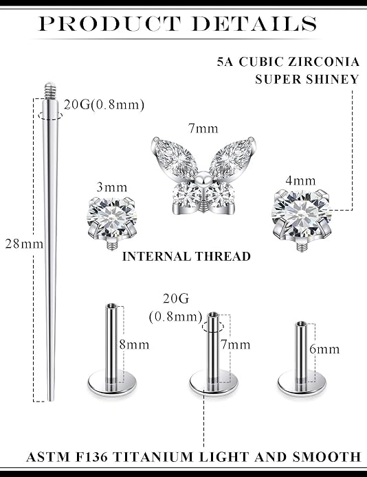 20G 18G 16G Astm F136 Titanium Internal Thread Flat Back Earrings Nose Studs Tragus Forward Helix Conch Cartilage Lobe Earring Stud Medusa Labret Monroe Lip Ring Piercing Jewelry For Women Men