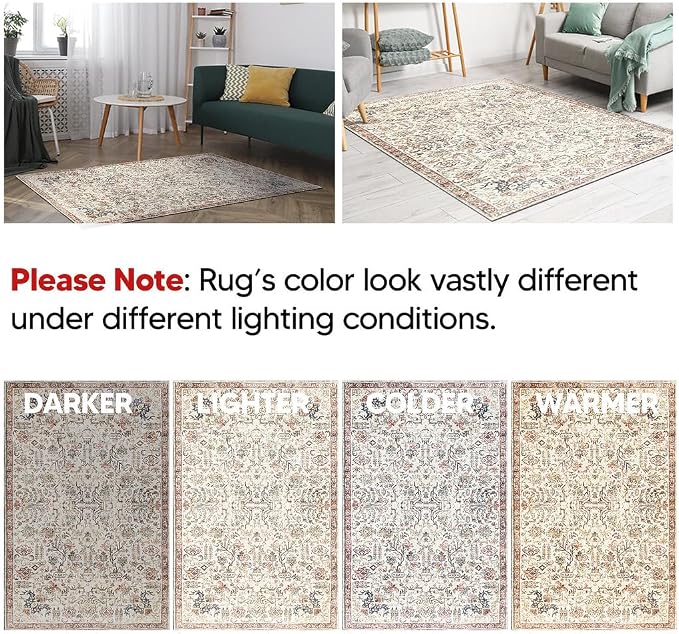 Keen Home Design 48"x72" Rug - Machine Washable Area Rug with Non-Slip Backing, Ideal for Living Room, Dining Room, Bedroom - Vintage, Easy Clean, Durable, Low Pile Rug - (4' x 6')