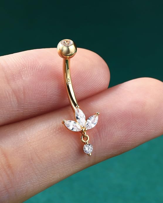 COCHARM 14K Solid Gold Belly Button Rings 14K Gold Belly Rings for Women 10MM Barbell 14k Gold Flower Belly Piercing Jewelry