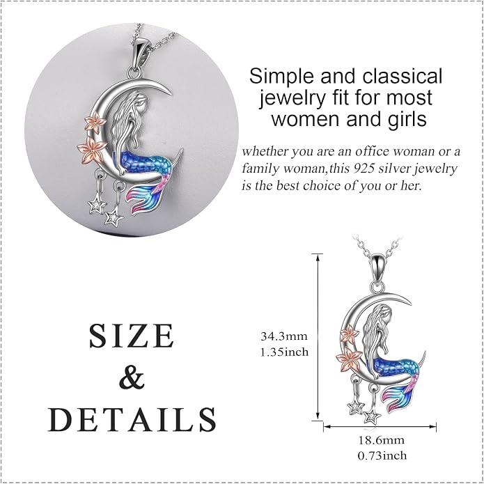 LUHE Mermaid Necklace Jewelry Gifts Sterling Silver Sea Mermaid Crescent Moon and Star Necklace with Flower Pendant Birthday Gifts for Daughter Women