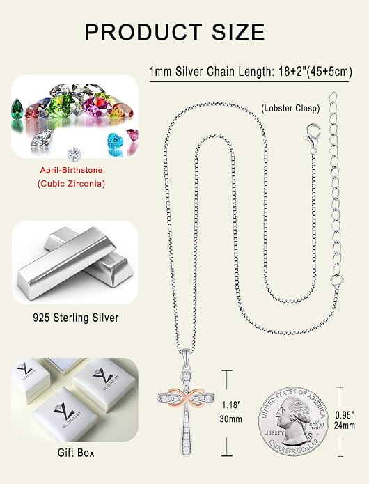 YL 925 Sterling Silver Cross Necklace for Women Halo Infinity Pendant Cubic Zirconia Jewelry for Mom