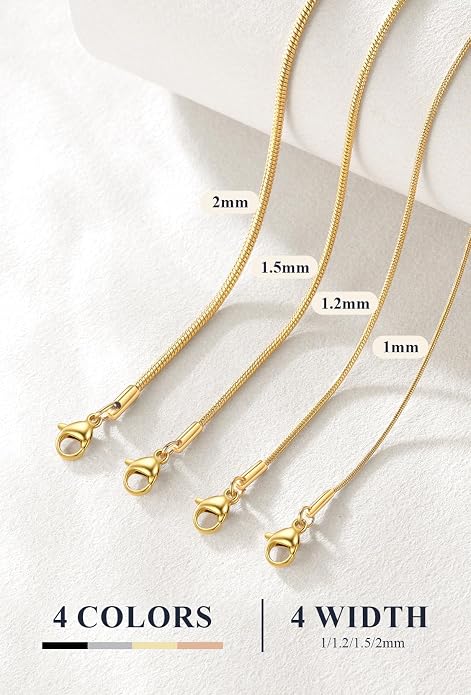 U7 Snake Necklace for Women 14K Gold Plated/Silver/Rose Gold/Black Chain Necklace Hypoallergenic, Stainless Steel Tiny Snake Chain Necklace 1/1.2/1.5/2MM, 14-30" Adjustable Minimalist Gift