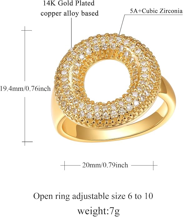 FindChic Initial Ring for Women, Gold Plated Chunky Letter Rings Open Adjustable Trendy Sparkling Cubic Zirconia Personalized Statement Rings Jewelry Gift