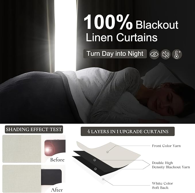 QJmydeco Beige White 54 Inch Curtains Sunblock Curtains for Bedroom 2 Panel Sets, Total Blackout Insulated Curtain for Summer Heat 4-1/2 ft Drapes for 50 Inch Small Window Natural (50" Wx54 L)