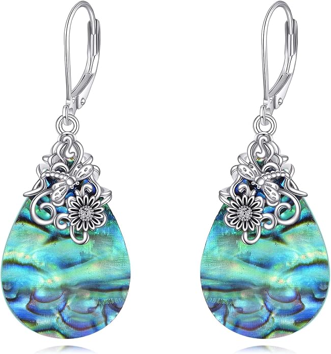 POPLYKE Dragonfly Butterfly Hummingbird Sunflower Earrings 925 Sterling Silver Abalone Shell Moonstone Leverback Earrings Jewelry