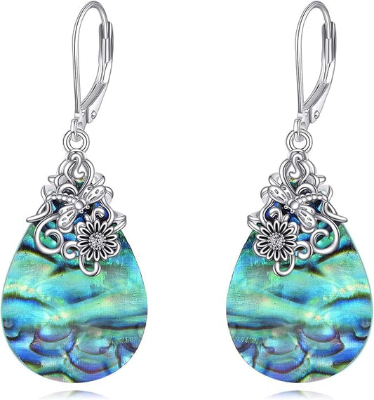 POPLYKE Dragonfly Butterfly Hummingbird Sunflower Earrings 925 Sterling Silver Abalone Shell Moonstone Leverback Earrings Jewelry