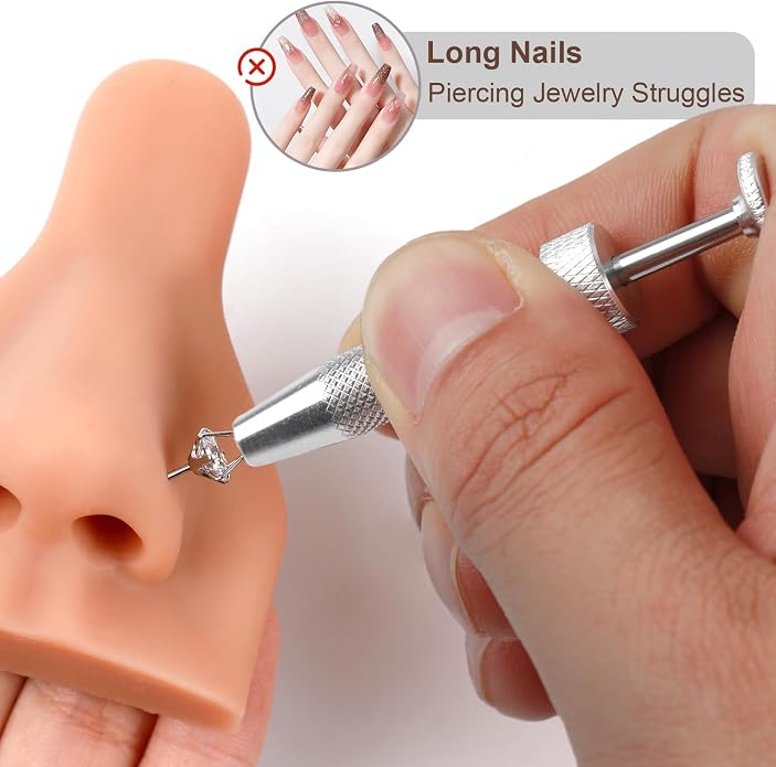 ONESING 2Pcs Piercing Ball Grabber Tool for Changing Jewelry, Stianless Steel Flat Back Earring Applicator Internally Threaded Push Pin Piercing Grabber Tool, Anti Slip 4 Claw Gem Ball Grabber Tool